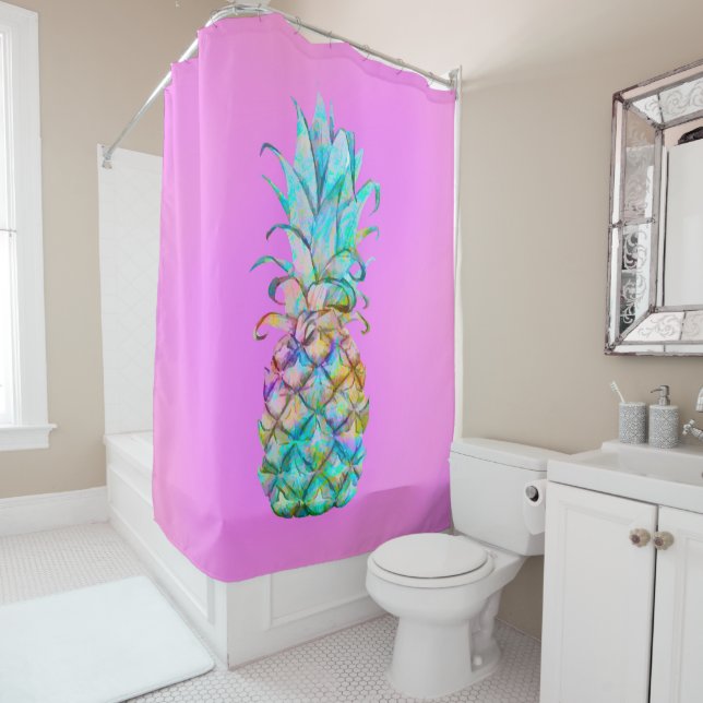 Pink Fun Tropical Pineapple Colour Splash Shower Curtain (In Situ)