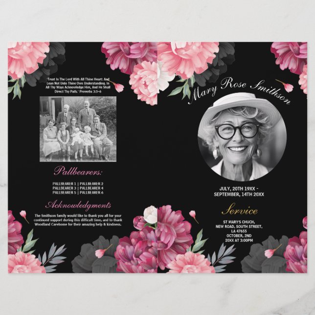 Pink Funeral Order of Service Life Dark Floral Flyer (Front)