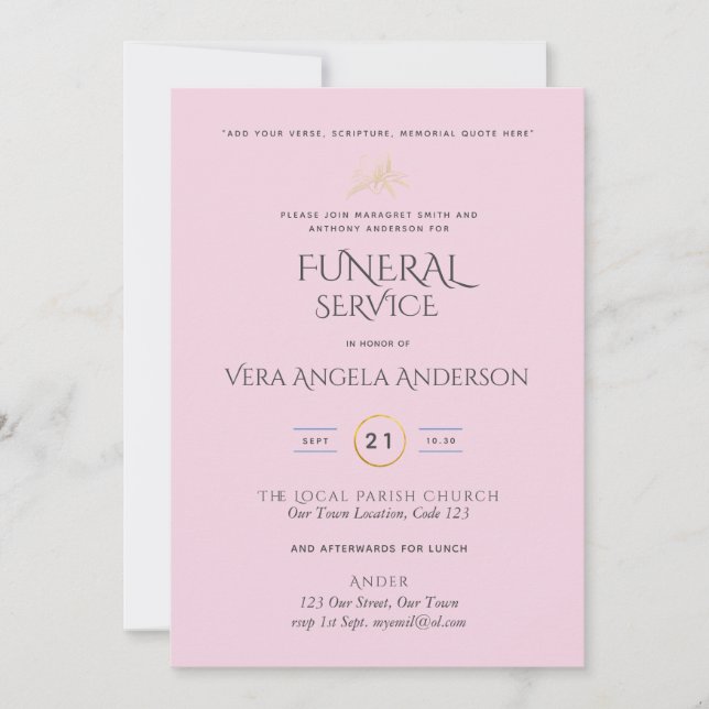 Pink Funeral Service Invite With Verse (Front)