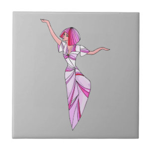 Pink funky dancer girl with pink hair ceramic tile