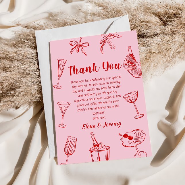Pink Funky Hand Drawn Wedding Thank You Card (Creator Uploaded)