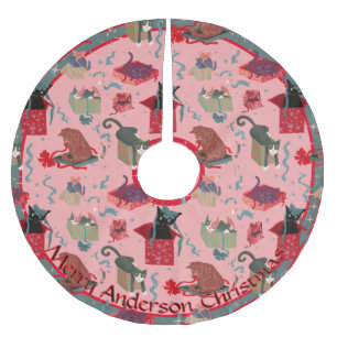 Pink Funny Cats in Christmas Boxes Personalised Brushed Polyester Tree Skirt