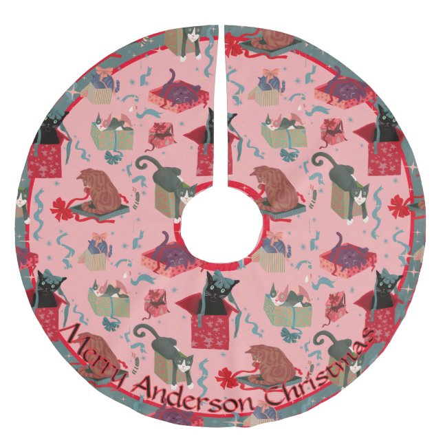 Pink Funny Cats in Christmas Boxes Personalised  Brushed Polyester Tree Skirt (Front)