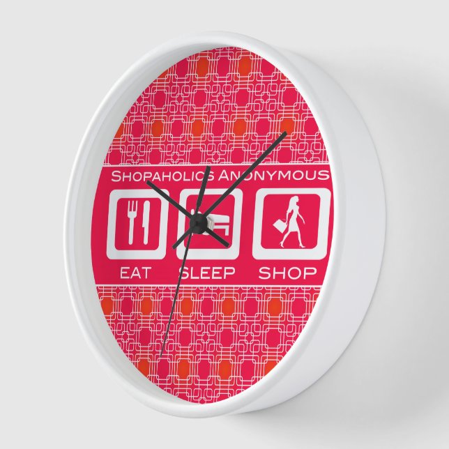Pink Funny Shopaholic Eat Sleep Shop Award Wall Clock (Angle)