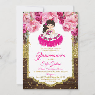 Pink Fuschia Cute Girl Quinceañera Rustic Wood Invitation
