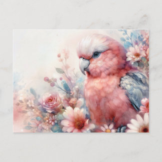 Pink Galah Cockatoo Floral Watercolor Postcard