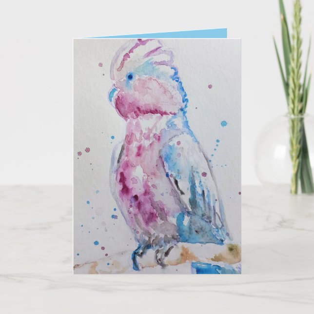 Pink Galah Parrot Bird Watercolor Birthday Card (Front)