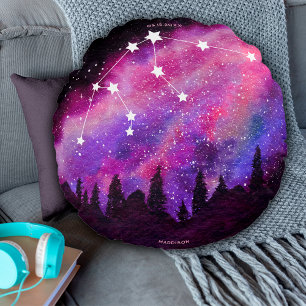 Pink Galaxy Aquarius Zodiac Constellation Birthday Round Cushion