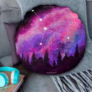 Pink Galaxy Cancer Zodiac Constellation Birthday Round Cushion