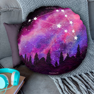 Pink Galaxy Capricorn Zodiac Constellation Round Cushion