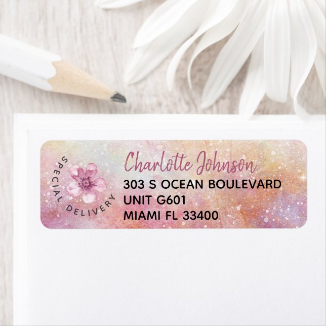Pink Galaxy Flower Special Delivery Return Address Label (Insitu)
