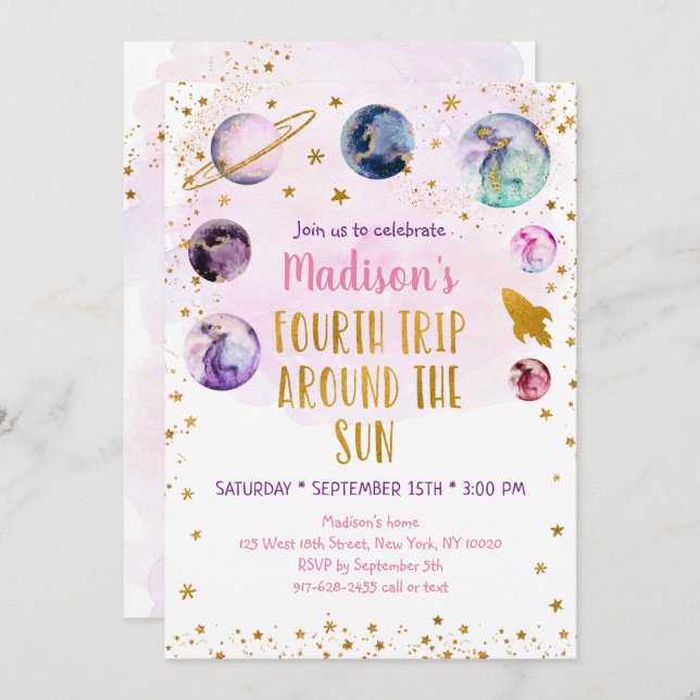 Pink Galaxy Fourth Trip Around The Sun Birthday Invitation (Front/Back)