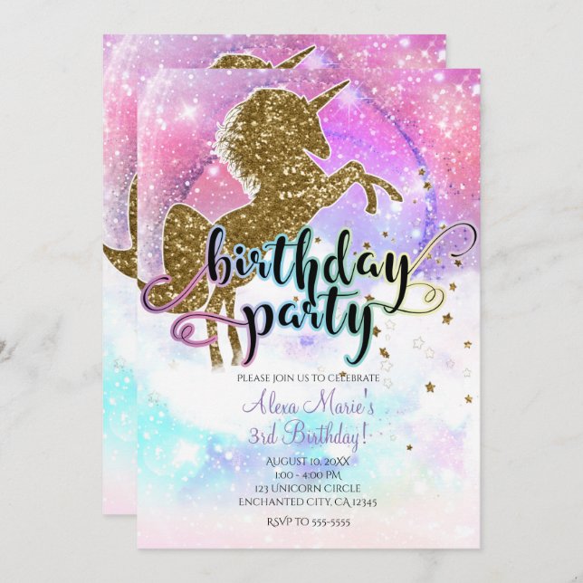 Pink Galaxy Magical Unicorn Sparkle Birthday Party Invitation (Front/Back)