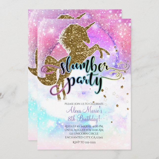 Pink Galaxy Magical Unicorn Sparkle Slumber Party Invitation (Front/Back)