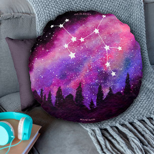Pink Galaxy Sagittarius Zodiac Constellation Round Cushion