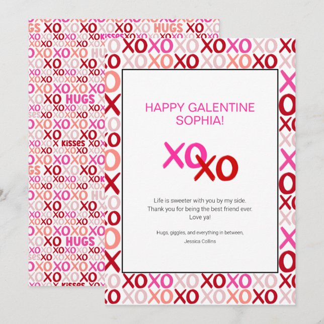 Pink Galentine's Day XOXO Modern Best Friend Name Holiday Card (Front/Back)