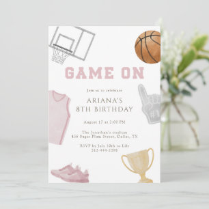 Pink Game On Basketball Birthday Jersey Watercolor Invitation