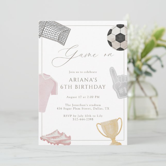 Pink Game On Soccer Birthday Party Girls Sports  Invitation (Standing Front)