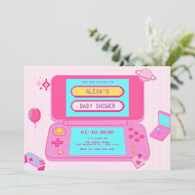 Pink game retro baby shower invitation (Standing Front)