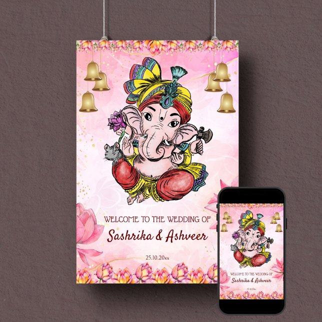 Pink Ganesha lotus Indian wedding welcome sign (Ganesha pink Indian wedding welcome sign poster template pink lotus flowers gold bells)