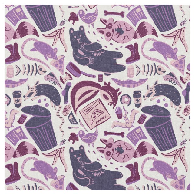 Pink Garbage Animals Eating Junk Food Pattern Fabric (Close Up)