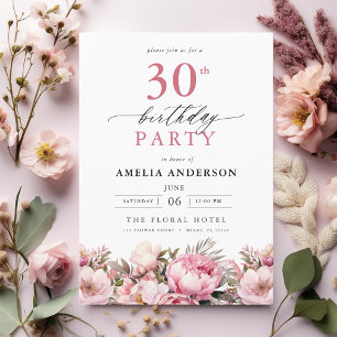 Pink Garden Floral Calligraphy 30th Birthday Invitation