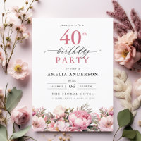 Pink Garden Floral Calligraphy 40th Birthday
