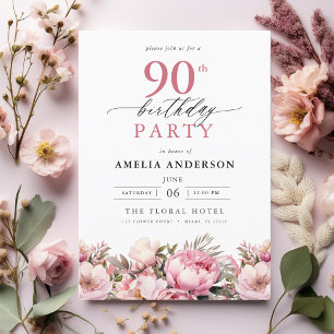 Pink Garden Floral Calligraphy 90th Birthday Invitation