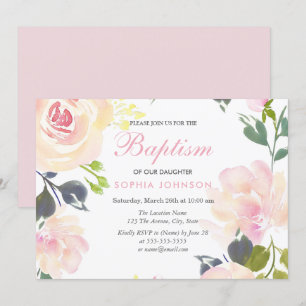 Pink Garden Floral Girls Baptism Christening Invitation