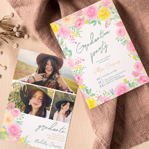 Pink garden floral watercolor photo graduation invitation