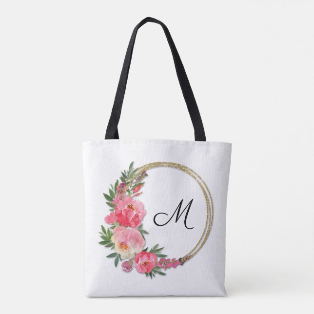 Pink Garden Floral Wreath Monogram Tote Bag (Back)
