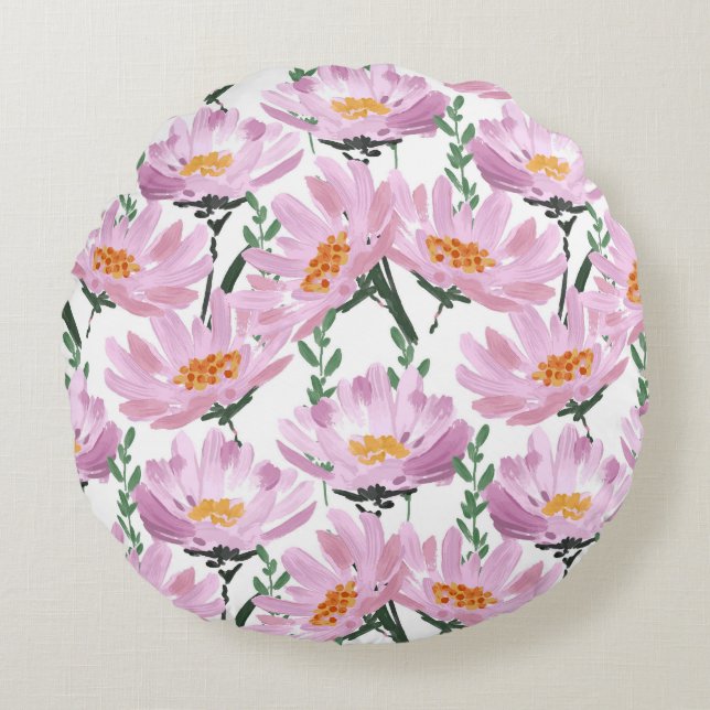 Pink Garden Flowers: Hand-Drawn Seamless. Round Cushion (Front)