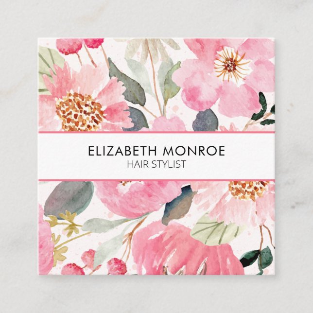 Pink Garden Flowers Salon Hair Stylist Makeup Square Business Card (Front)