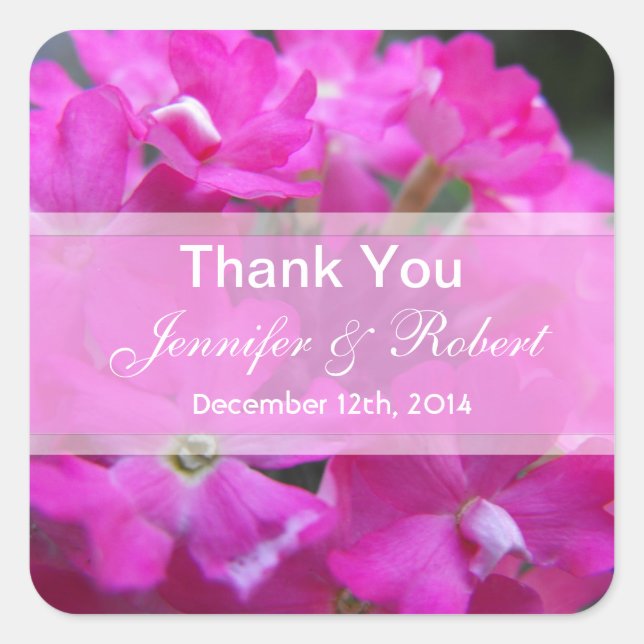 Pink garden flowers wedding favour thank you square sticker (Front)