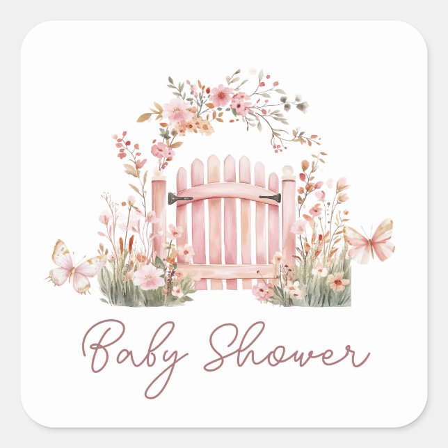 Pink Garden Girl Baby Shower Square Square Stick Square Sticker (Front)