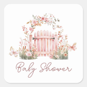 Pink Garden Girl Baby Shower Square Square Stick Sticker