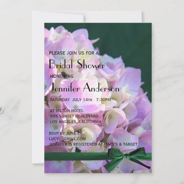 ©Pink Garden Hydrangeas Ribbon Bridal Shower Invitation (Front)