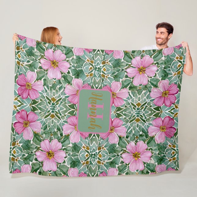 Pink Garden Mosaic Fleece Blanket (In Situ)