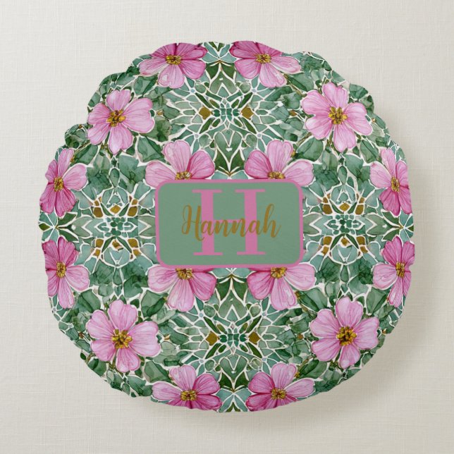 Pink Garden Mosaic Round Pillow (Front)