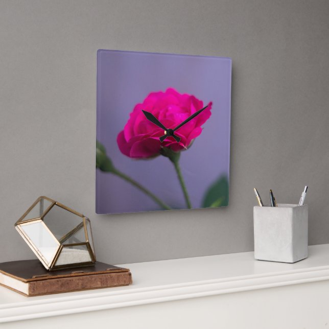 Pink Garden Rose Square Wall Clock (Office)