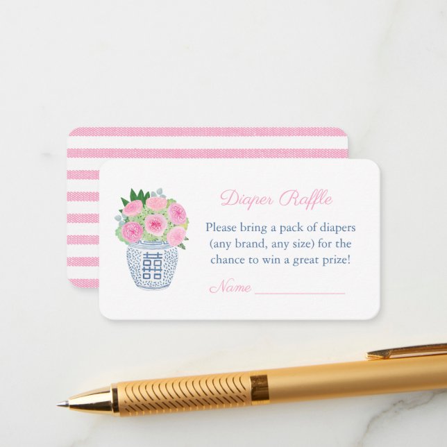 Pink Garden Roses Diaper Raffle Baby Shower Party Enclosure Card (Front/Back In Situ)
