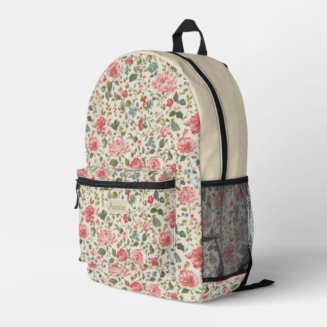 Pink Garden Roses Print Printed Backpack (Back Corner Right)