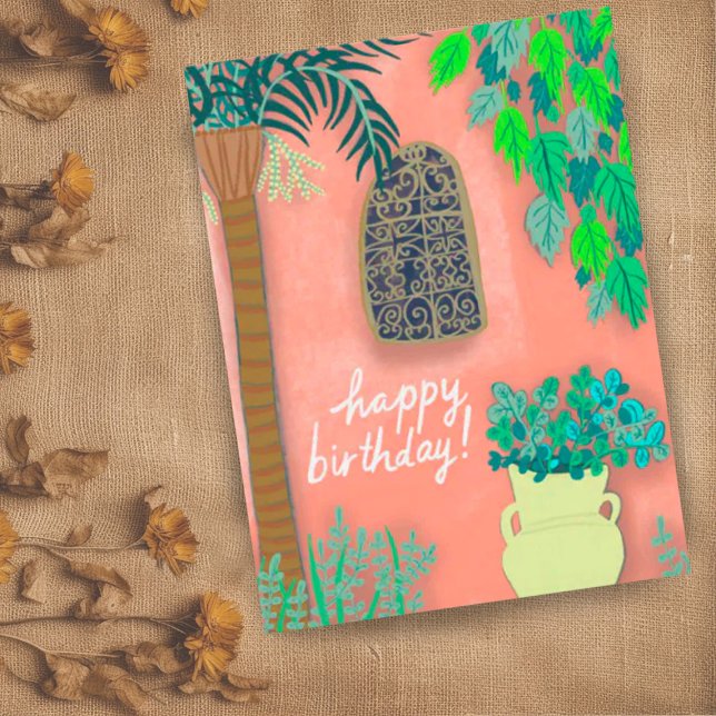 Pink Garden Wall Exotic Palm Tree HAPPY BIRTHDAY Postcard (Cute garden wall happy birthday custom postcard)