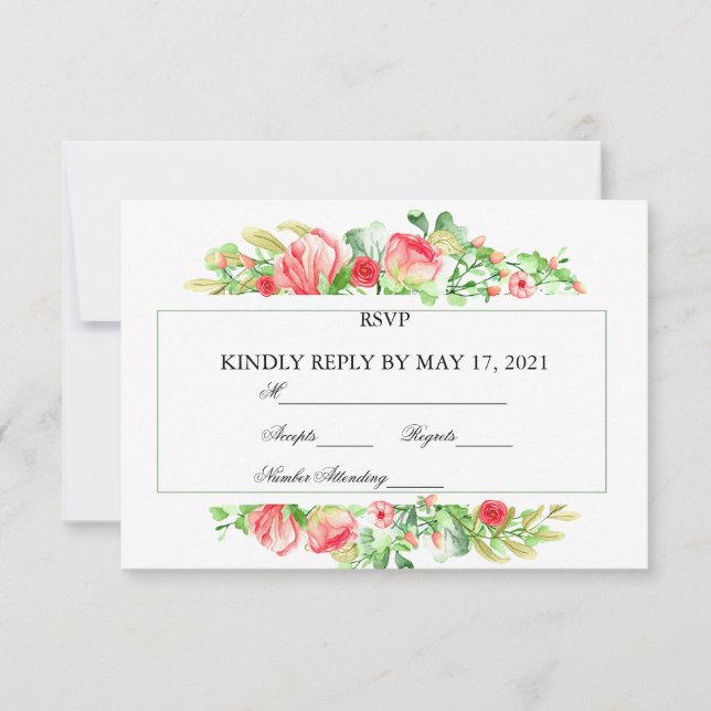 Pink Garden Watercolor Rose Bouquet RSVP Card (Front)