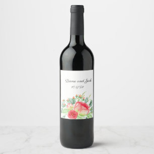 Pink Garden Watercolor Rose Bouquet Wine Label