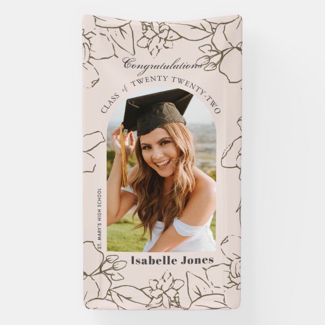 Pink Gardenia Floral Arch Photo Graduation Banner (Vertical)