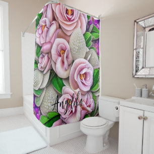 Pink Gardenias with Silver Glitters Custom Name Shower Curtain