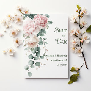 Pink garland peonies eucalyptus leaf Save the Date Invitation