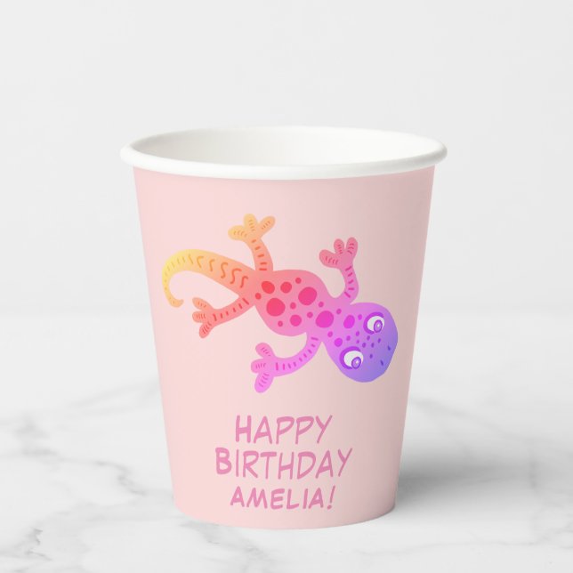 Pink Gecko Lizard Drawing Kids Birthday  Paper Cups (Front)