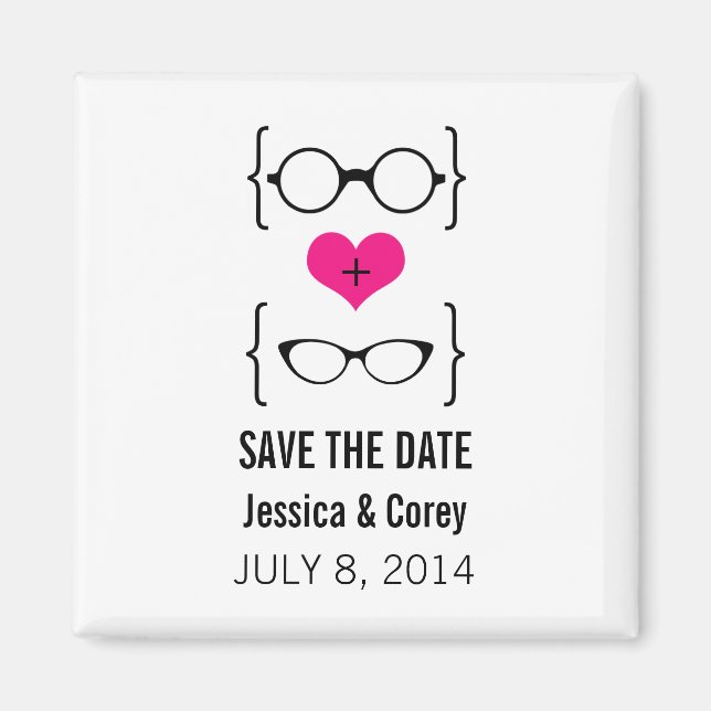 Pink Geeky Glasses Save the Date Magnet (Front)